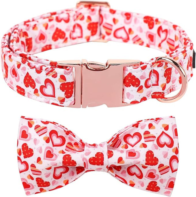 Maca Bates Valentine's Day Dog Collar with Fancy Bow for Large Girl Boy Dogs,Love Pink Hearts Pattern,Adjustable Durable Soft Valentine Gift for Female Male Puppy
