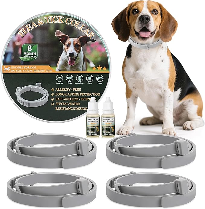 4 Pack Flea & Tick Prevention for Dogs Collar with Natural Essential Oils, Waterproof Adjustable Dog Flea and Tick Prevention Collar for Dogs, 8 Months Prevention