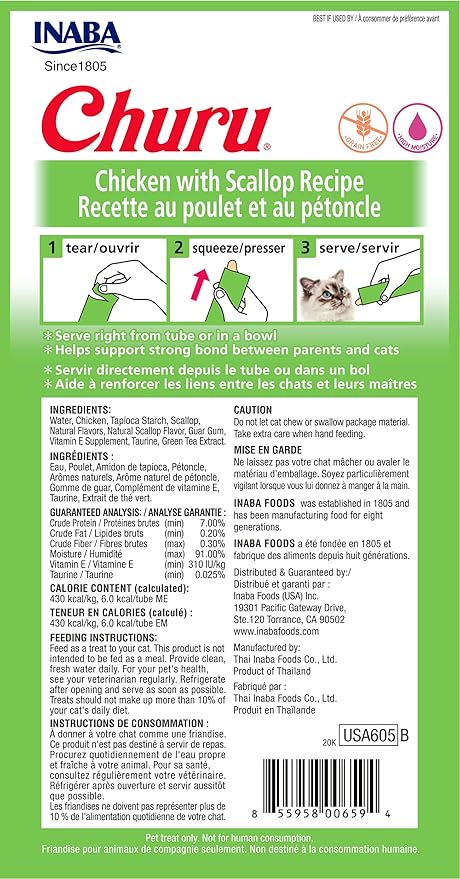 INABA Churu Cat Treats, Grain-Free, Lickable, Squeezable Creamy Purée Cat Treat/Topper with Vitamin E & Taurine, 0.5 Ounces Each Tube, 12 Tubes (4 per Pack), Chicken with Scallop Recipe