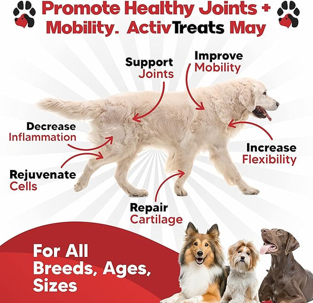 Glucosamine for Dogs Hip and Joint Supplement - Safe Joint Support - Glucosamine Chondroitin MSM Turmeric - 120 Mobility Joint Care Chews for Dogs - ActivTreats for All Breeds Ages and Sizes.