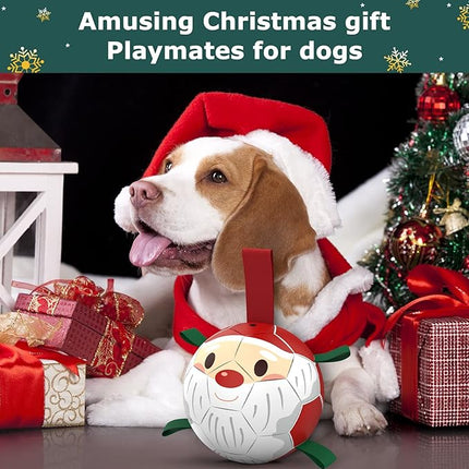 QDAN Christmas Dog Balls with Straps, Soccer Ball for Dogs for Small Medium Breed, Tug Toys for Dog Birthday, 6 Inch Outdoor Dog Toys for Fun