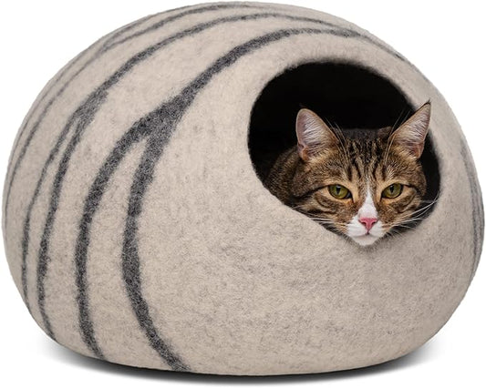 MEOWFIA Cat Cave – Premium Felt Cat Bed for Indoor Cats, Handmade 100% Merino Wool (Light Grey, Medium)