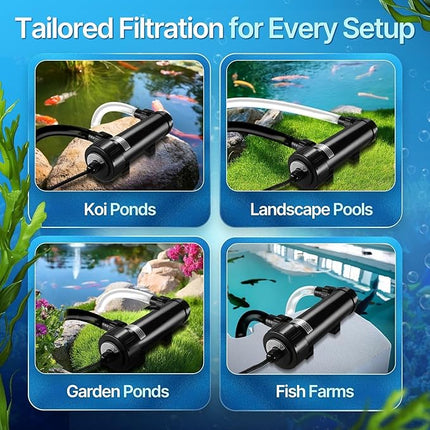 Flexzion Pond UV Lights for Outdoor Ponds - 9W Small Light, 2113-Gal Capacity, 1500L/H UV Pond Clarifier for Outdoor Ponds, Clears Water in Days (CUV-109A)