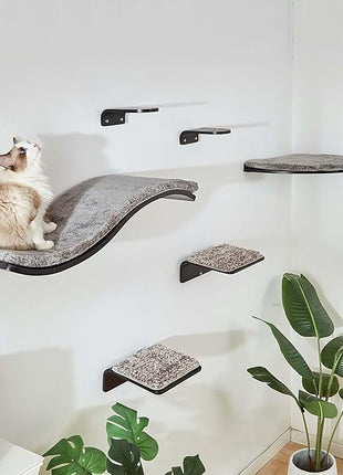 Cat Shelf with Comfortable Cushion - Wave Modern Cat Bed - Minimalistic Floating Wall Perch - Wooden Wall Mounted Cats Furniture for Sleeping, Playing, Climbing, and Lounging, Walnut