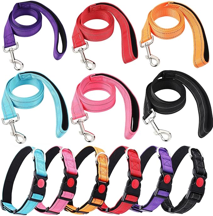 6 Sets Reflective Dog Leash and Collar Set, Nylon Leashes Adjustable Dog Collar Heavy Duty Padded Handle Leash for Small Medium Large Dogs Walking Training(Lovely Color)
