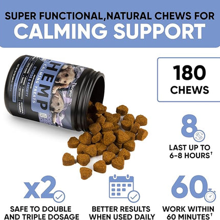 Kinpur Pet Care Calming Chews for Dogs with Hemp Oil - Aid During Thunderstorms, Separation, Car Rides - Hip and Joint Health - Tasty Dog Calming Treats, 180 Peanut Butter Flavored Chews