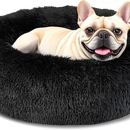 Dog Calming Beds for Small Medium Large Dogs - Round Donut Washable Puppy Dog Bed, Anti-Slip Faux Fur Fluffy Donut Cuddle Anxiety Cat Pet Bed(24'' Black)