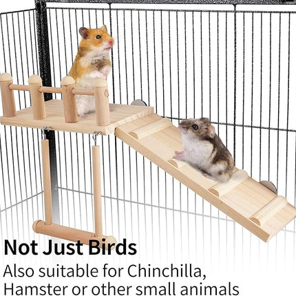 Bird Perches Platform Swing with Climbing Ladder, Parakeet Cage Accessories Wooden Playing Gyms Exercise Sturdy for Small Birds