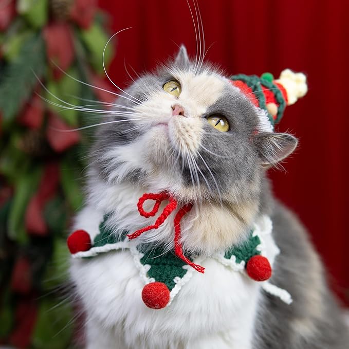 Christmas Cat Costume,Handmade Christmas Tree Dog Hat,Cat Outfit,Dog Costume,Adjustable Fit Five-Pointed Star Kitten Clothes,Pet Accessories for Party,Outgoing