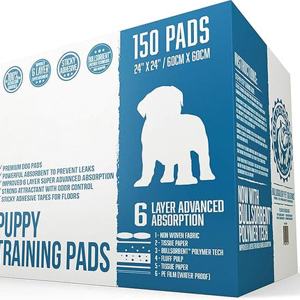 Puppy Pee Pads with Adhesive Sticky Tape (24x24) Large Premium Dog Pads - 6 Layer Dog Training Pads and Pet Wee Pads with Quick-Dry Bullsorbent Tech (150-Count, White)