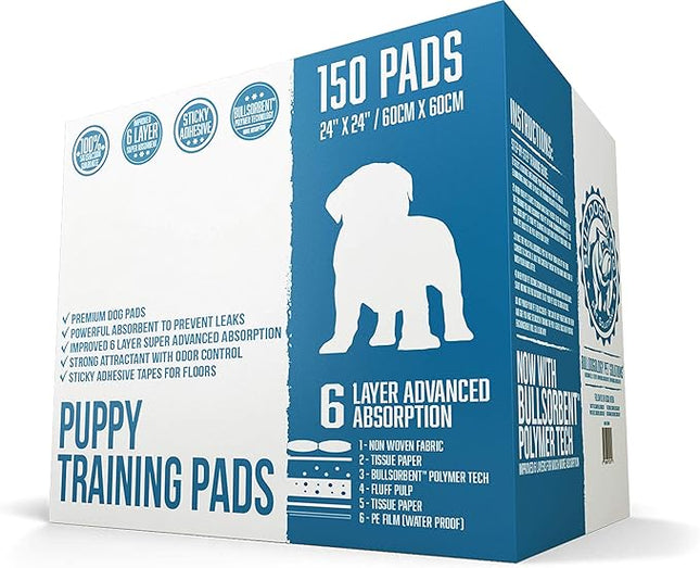 Puppy Pee Pads with Adhesive Sticky Tape (24x24) Large Premium Dog Pads - 6 Layer Dog Training Pads and Pet Wee Pads with Quick-Dry Bullsorbent Tech (150-Count, White)