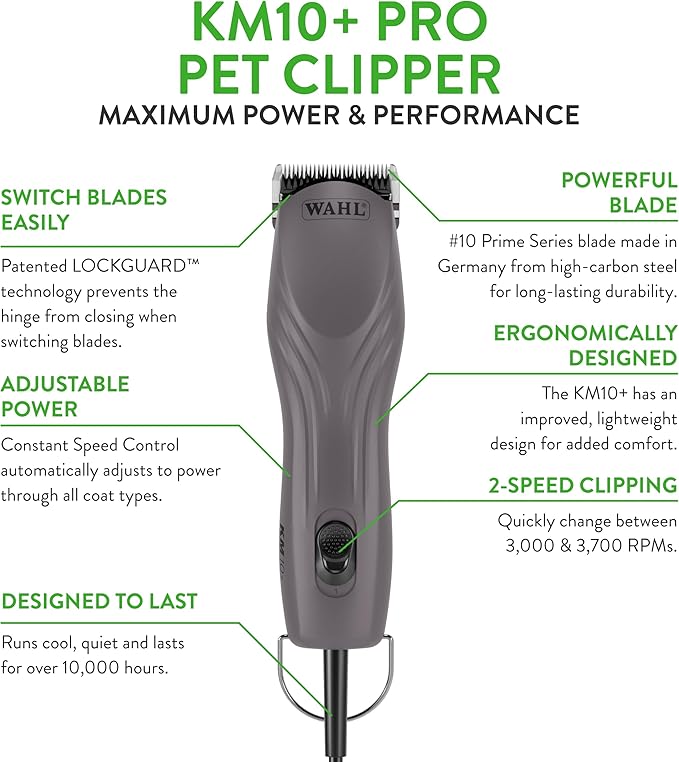 Wahl Pro Animal KM10+ Corded Clipper - New #10 Prime Series Blade, LOCKGUARD Patent Pending Technology & Textured Housing Design - Clippers for Cats, Dogs & Horses - Lightweight - 2-Speeds - Purple