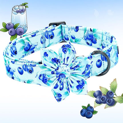 Lionheart glory Dog Collar with Flower Blueberries Print Collars for Medium Dogs, Spring Summer Cute Duty Adjustable Dog Flowers Collar Puppy Collars Bows Pet Gift