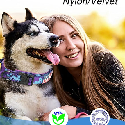 Hotsky Tactical Dog Collar, Adjustable Military Training Nylon Airtag Collar with Handle and Heavy Duty Metal Buckle for Medium Large Dogs, with Airtag Holder and Two Patches（Purple Camo,L）