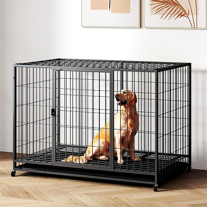 48 inch Metal Wire Dog Crate for Large Dogs with Tray, Double Door, Puppy Dog Playpen for Yard Indoor Outdoor Use,XL Dog Cage Kennel