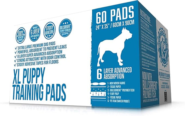 Bulldogology Puppy Pee Pads XL with Adhesive Sticky Tape - Extra Large Dog Training Wee Pads (24x35) 6 Layers with Extra Quick Dry Bullsorbent Polymer Tech (180-Count, White)