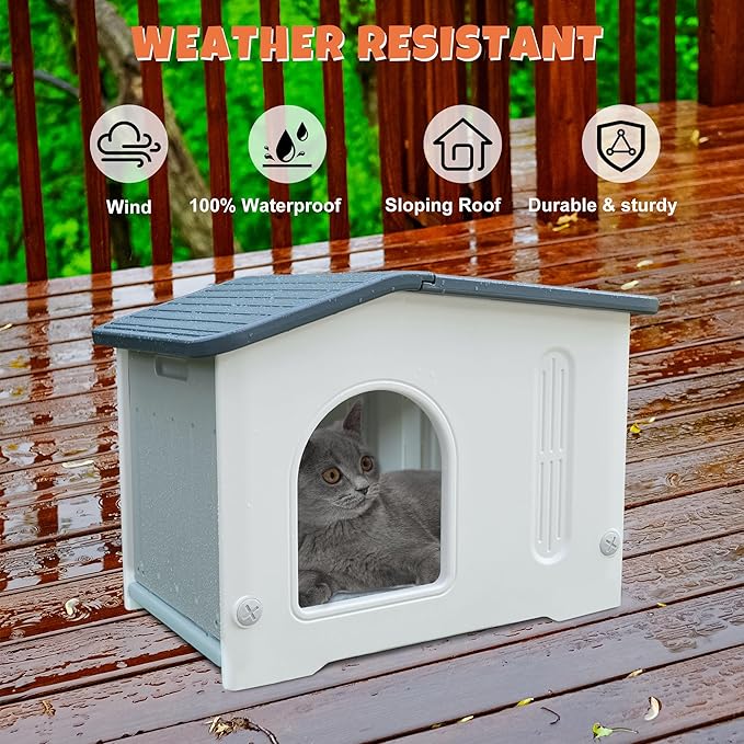 Waterproof Outdoor Cat House with Escape Door, Plastic Cat House for Feral Cats Outdoor Cat House with Mat, Sturdy Cat House for Outdoor Cats, Assemble Easily-Grey