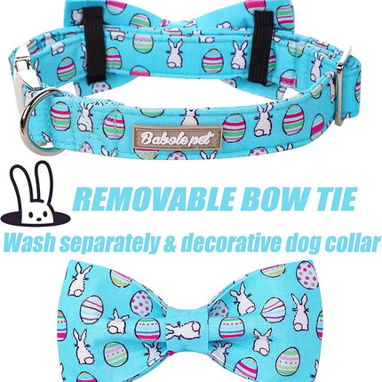 Easter Dog Collar with Bow Tie - Adjustable Easter Bunny Eggs Dog Collar Blue Rabbit Bowtie Metal Buckle Puppy Collars for Small Medium Large Dogs M