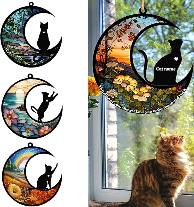Cat Memorial Suncatcher, Personalized Pet Breeds Suncatcher with Name Date, Pet Loss Suncatcher, Stained Glass Light Catcher, Cat Memorials & funerary, Gifts for Pet Loss (Cat Pattern)