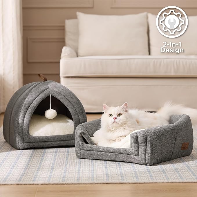 Bedsure Cat Beds for Indoor - 2 in 1 Cat Cave House Tent for Kittens and Small Pets with Removable Washable Cushioned Pillow, Foldable Kitten Hideaway with Non-Slip Bottom, Grey, 17.3 inches