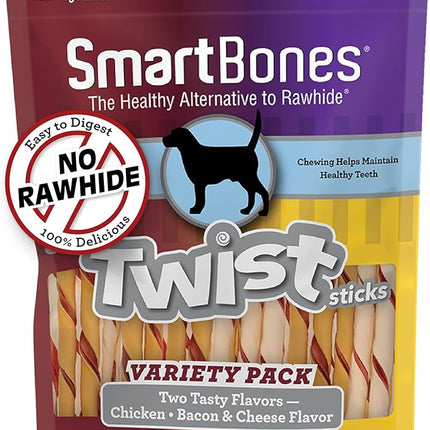 SmartBones Twist Sticks Variety Pack 50 Count, Rawhide-Free Chews For Dogs Made With Real Chicken Or Bacon And Cheese Flavor (SBM-00464)