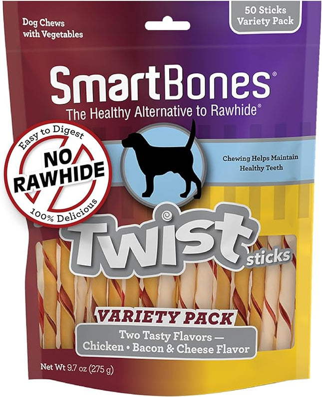 SmartBones Twist Sticks Variety Pack 50 Count, Rawhide-Free Chews For Dogs Made With Real Chicken Or Bacon And Cheese Flavor (SBM-00464)