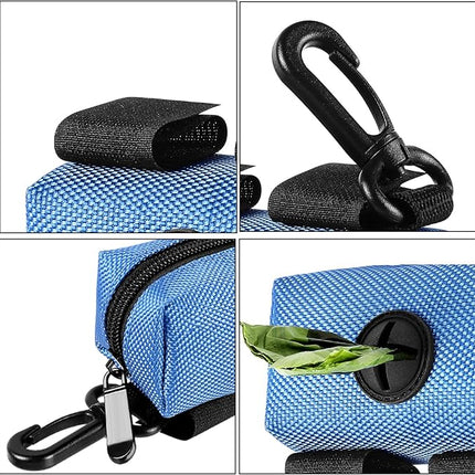 Dog Waste Bag Dispenser Pet Poop Bags Holder for Doggie Waste Bags Dispensers Soft Fabric Zipper Small Doggy Puppy Pouch for Leash Accessory Attachment with Carrier,Blue