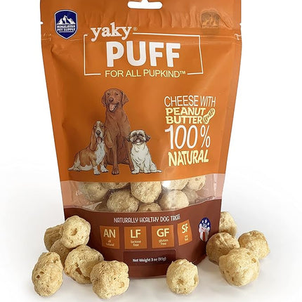| yakyPUFF Himalayan Cheese Treats | Lactose Free | Gluten Free | Grain Free | USA MADE | For All Breeds | Peanut Butter Flavor Crispy Puffed Treat