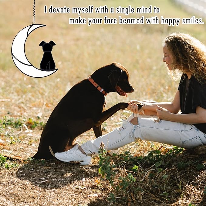 Stained Glass Pet Dog Memorial Gifts for Dog Lovers, Black Dog Decor on White Moon Window Hangings Suncatcher, Loss of Dog Sympathy Gift, Pet Loss Remembrance Gifts in Memory of Dog