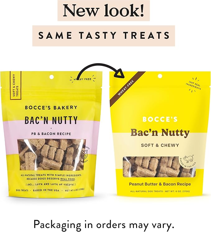 Bocce's Bakery Bac'n Nutty Soft & Chewy Dog Treats, Wheat-Free PB & Bacon Flavored All Natural Limited Ingredient Oven Baked Cookies for Dogs, 6 oz Bag