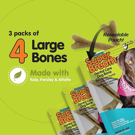 Fido - Super Breath Dental Care Bones for Dogs - 4 Treats Per Pack (3 Pack) - Dog Dental Treats for Large Dogs (Made in USA) - Dog Dental Chews Help Reduce Plaque, Tartar Buildup, and Freshens Breath