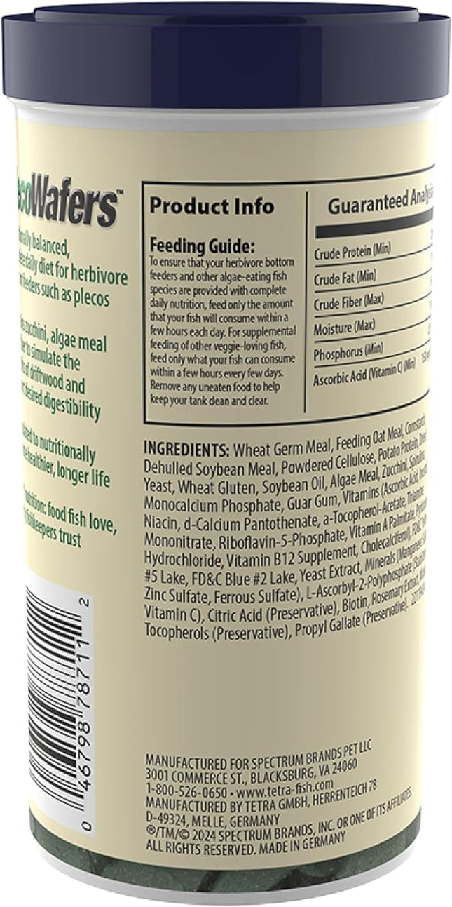 Tetra PlecoWafers for Algae-Eating Fish, 6.5 Ounces, Complete Daily Diet for Herbivore Bottom-Feeding Aquatic Pet, Sinking Fish Food to Support Digestibility