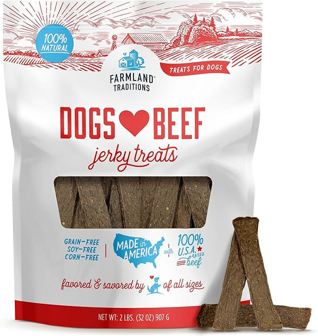 Farmland Traditions Dogs Love Beef Jerky Dog Treats, All Natural, Grain-Free, High Protein Training Treats, 2 Pound (Pack of 1) Bag