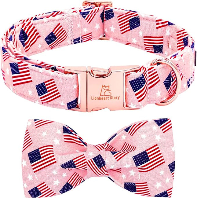 Lionheart glory American Flag Dog Collar 4 of July Independence Patriotic Dog Bow Collars Heavy Duty Adjustable Soft Collar with Bowtie for Medium Dogs Pet Gift
