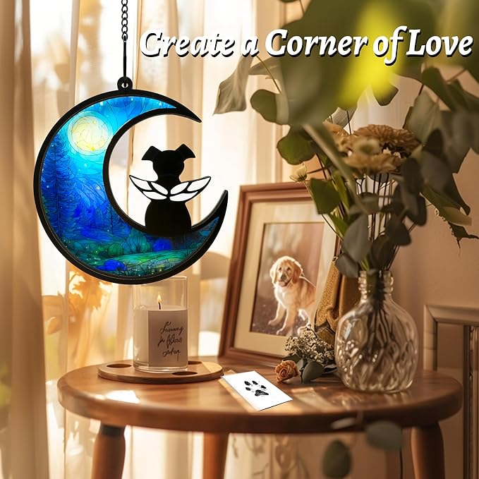 Dog Memorial Gift for Loss of Dog – DIY Angel Memorial Suncatcher & Paw Print Kit for Dogs with Sympathy Card | Pet Memorial Keepsake(Moonlit Forest)