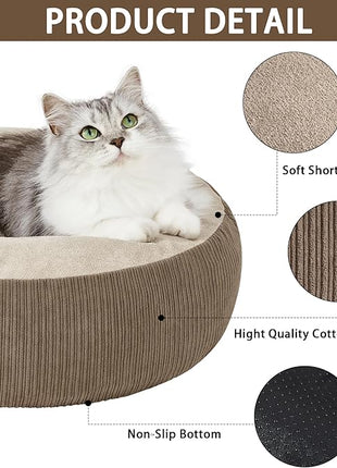 Calming Cat Bed with Anti-Slip Bottom, Washable Removable Round Cozy Pet Bed for Indoor Cats, Small Dogs, Kittens & Puppies 20”x20”x6”