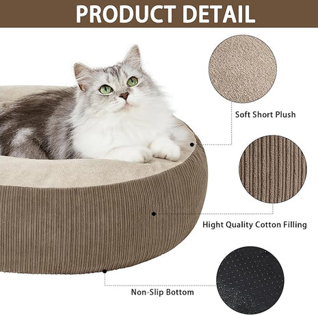 Calming Cat Bed with Anti-Slip Bottom, Washable Removable Round Cozy Pet Bed for Indoor Cats, Small Dogs, Kittens & Puppies 20”x20”x6”