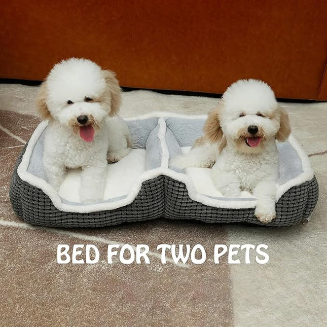 Dog Beds for Two Small Dogs, Double Cat Beds for Indoor Cats, Super Soft Washable Cat Bed with Anti-Slip & Water-Resistant Bottom, Luxury Durable Kitten Bed Puppy Bed, Rectangle Grey Animal Pet Beds