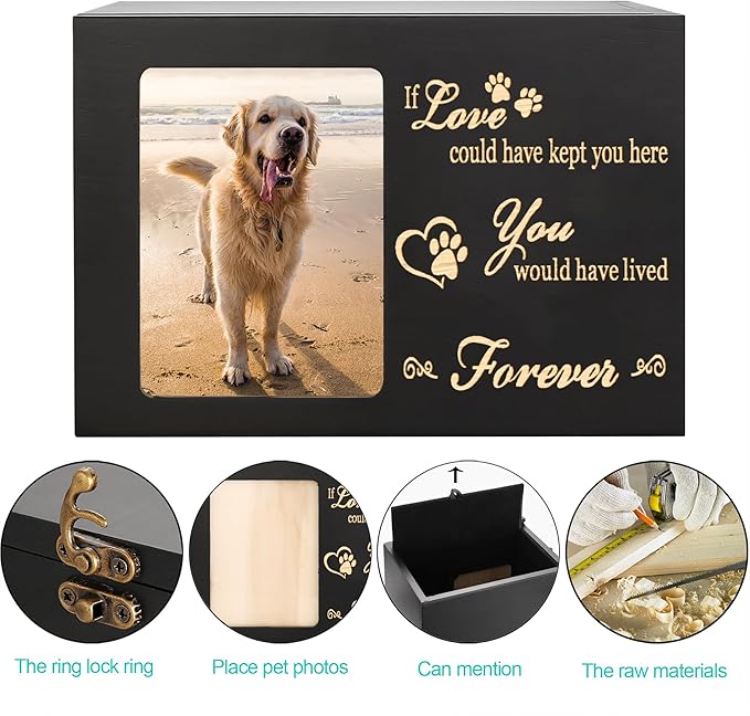 Pet Memorial Urns for Dog or Cat Ashes, Large Wooden Funeral Cremation Urns with Photo Frame, Memorial Keepsake Memory Box with Black Flannel as Lining, Loss Pet Memorial Remembrance Gift