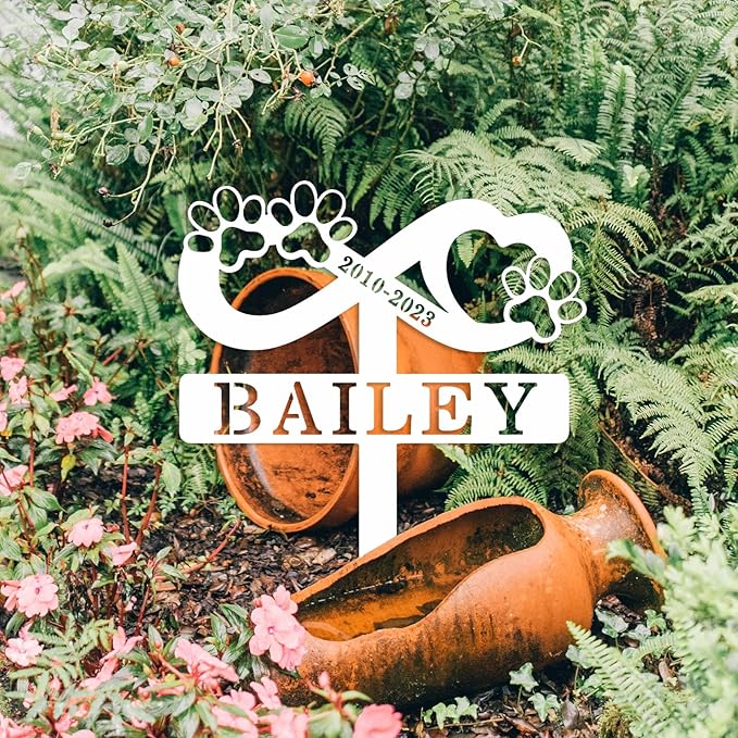 Custom Dog Cat Name Memorial Grave Stake, Personalized Pet Memorial Stake Metal Engraved Sign, Customized Cat Dog Memorial Grave Marker with Paws Heart Pet Memorial Plaque Burial Stake