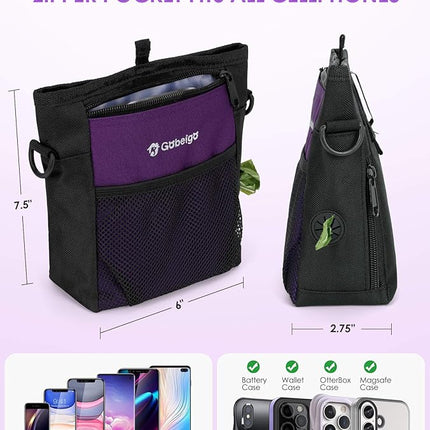 Gobeigo Dog Treat Pouch with Silicone Snack Bag, Front Pocket fits All Phones, 4 Cup Treat Bag with Training Clicker, Upgrade Stronger Magnetic Closure, 3 Ways to Wear Walking Fanny Pack (Purple)