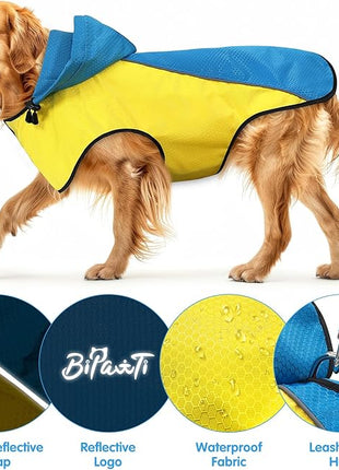 BiPawTi Dog Rain Jackets for Medium Dogs, Lightweight Reflective Safety Pet Rain Jacket, Waterproof Dog Raincoat with Hood/Leash Hole/Reflective Strip - Yellow + Blue, M