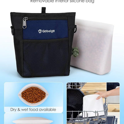 Gobeigo Dog Treat Pouch with Silicone Snack Bag, Front Pocket fits All Phones, 4 Cup Treat Bag with Training Clicker, Upgrade Stronger Magnetic Closure, 3 Ways to Wear Walking Fanny Pack (Navy Blue)