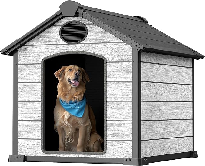 46" Large Dog House Outdoor Weatherproof, 3XL Big Dog House for 2 Large Dogs Outside, Insulated Igloo Pet House with Elevated Floor, Extra Durable Resin Plastic, 46Lx40Wx40H, Cemented Grey