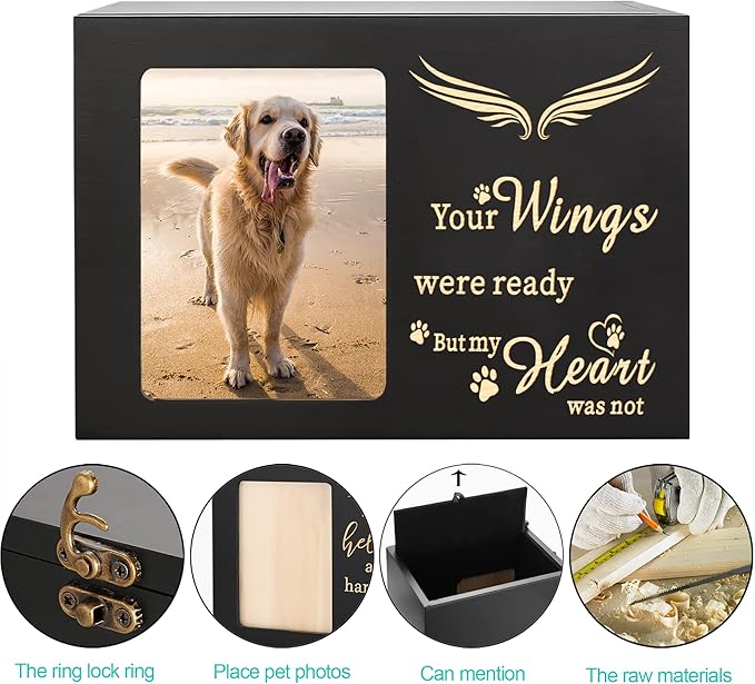 DGDCDV Large Pine Wood Pet Memorial Urns for Dog or Cat Ashes with Black Flannel Lining, Photo Frame, Wings Pattern, 140 Cubic Inches Capacity