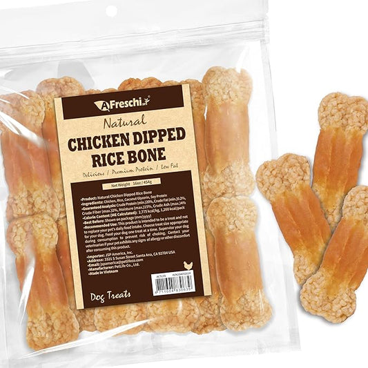 AFreschi Natural Chicken Dipped Rice Bone 16 oz, All Natural, Grain-Free, High-Protein, Healthy & Easily Digestible, Soft Texture