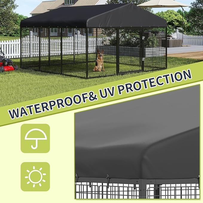 354" x 118" Outdoor Dog Kennel Steel Ideal Dog Fence for Medium/Small Dogs Anti-Rust Coating Cage with Roof All Weather Resistant Dog House with Double Locks