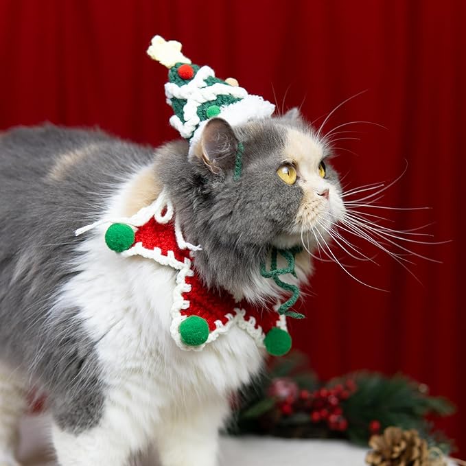 Christmas Cat Costume,Handmade Dog Outfit with Christmas Tree Cat Hat,Knitted Dog Bandana,Adjustable Fit Five-Pointed Star Clothes,Gifts for Dogs