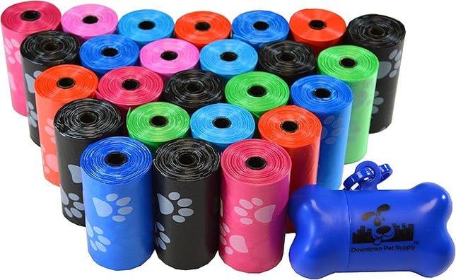 Downtown Pet Supply Poop Bags for Dogs with Dispenser, 500 Count - Leak-Proof Dog Waste Bags and Bone-Shaped Dog Poop Bags Holder for Leash - Rainbow with Paw Prints, 12.5" x 8.5"