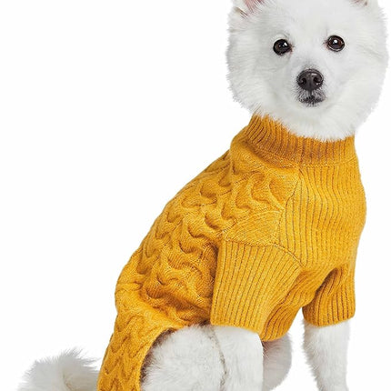 Blueberry Pet Classic Fuzzy Textured Knit Pullover Turtle-Neck Dog Sweater in Mustard Yellow, Back Length 20", Pack of 1 Clothes for Dogs